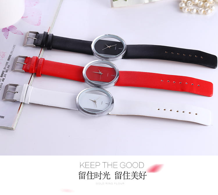 Three minimalist women luxury leather quartz watches with round silver-toned cases and simple black red and white straps featuring transparent dials.
