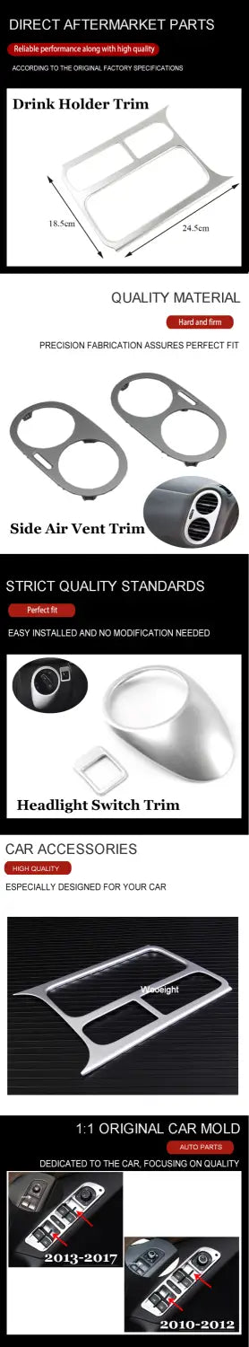 Silver precision-fabricated plastic vw tiguan cup holder panel trim pieces designed for dashboard or center console use from 2009 to 2017.