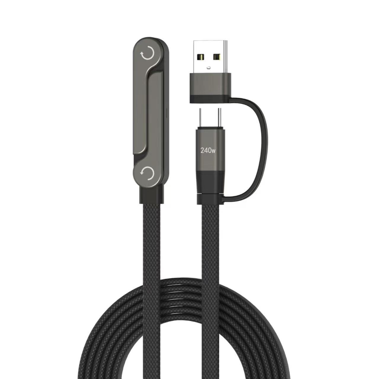 Câble de charge rapide tressé noir USB-C vers USB-A, avec pince magnétique grise métallisée et 240 W imprimé sur le connecteur, présenté sous un angle frontal.