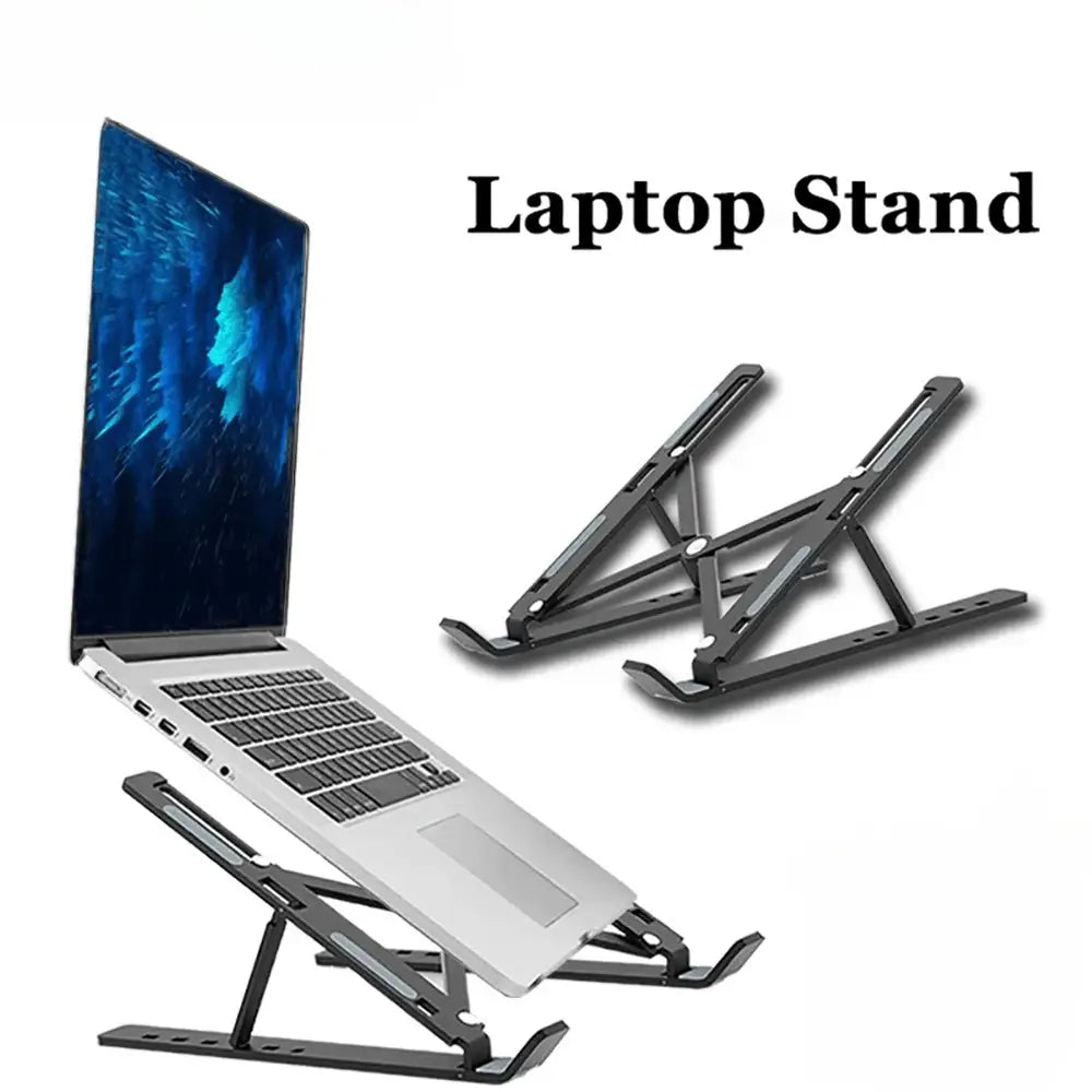 Schwarzer Laptopständer mit verstellbarer Höhe, elegantes faltbares Design und robuste Metallkonstruktion für die Nutzung am Schreibtisch und als tragbarer Halter für Notebooks und Tablets.