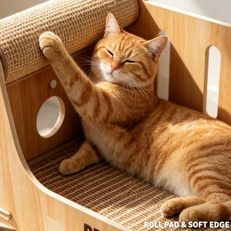 Large Wooden Cat Bed With Sisal Scratching Post Lounge Sofa Furniture For Indoor Pets Living Room Summer Cooling Pet Supplies