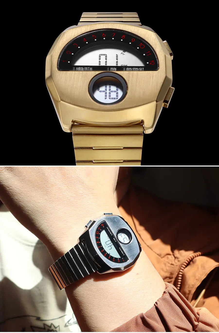 Megir men stainless steel digital watch with a gold-toned brushed metal case and bracelet featuring a circular display showing time and date indicators.