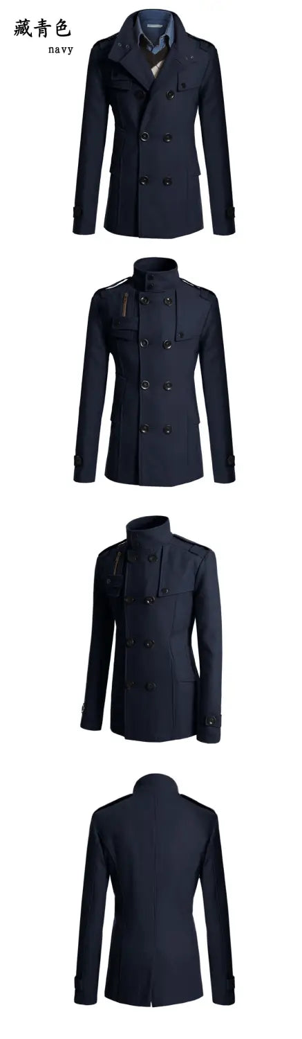 Navy blue double breasted warm woolen coat for men featuring a structured collar and buttoned cuffs.