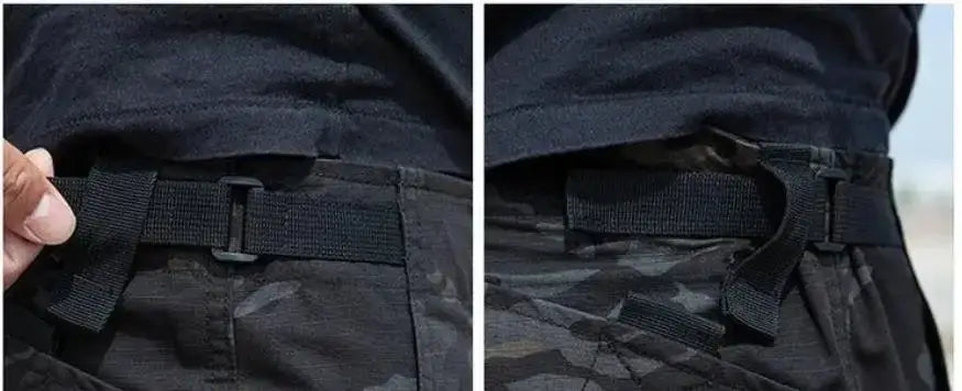 Ceinture tactique noire avec boucle réglable et sangle renforcée, associée à des pantalons cargo tactiques imperméables pour hommes pour un usage extérieur durable