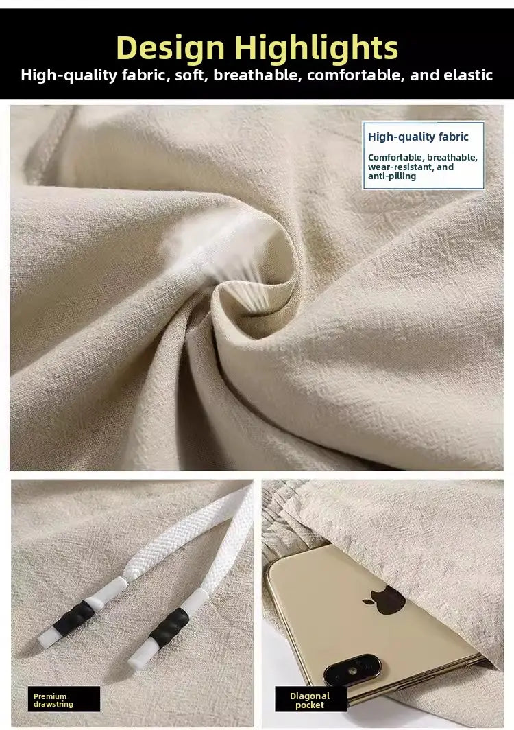 Herren-beige Leinen-Boxer-Slips mit strukturiertem Gewebe, diagonaler Tasche und hochwertigem Kordelzug, entworfen für lässige, lockere Sommer-Strandbekleidung.
