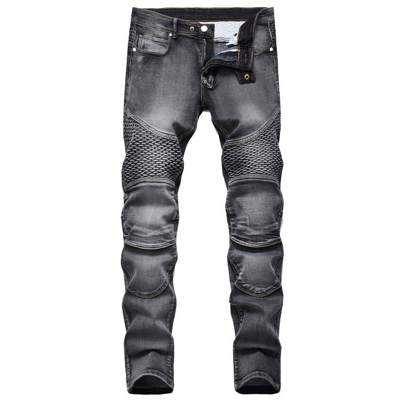 Men’s protective motorcycle denim jeans in dark gray featuring reinforced mesh and padded knee sections for enhanced safety.