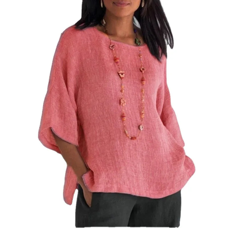 2026 Women Blouse Shirts new foreign trade women's seven quarter sleeved round neck cotton and linen shirt top woman Blouses