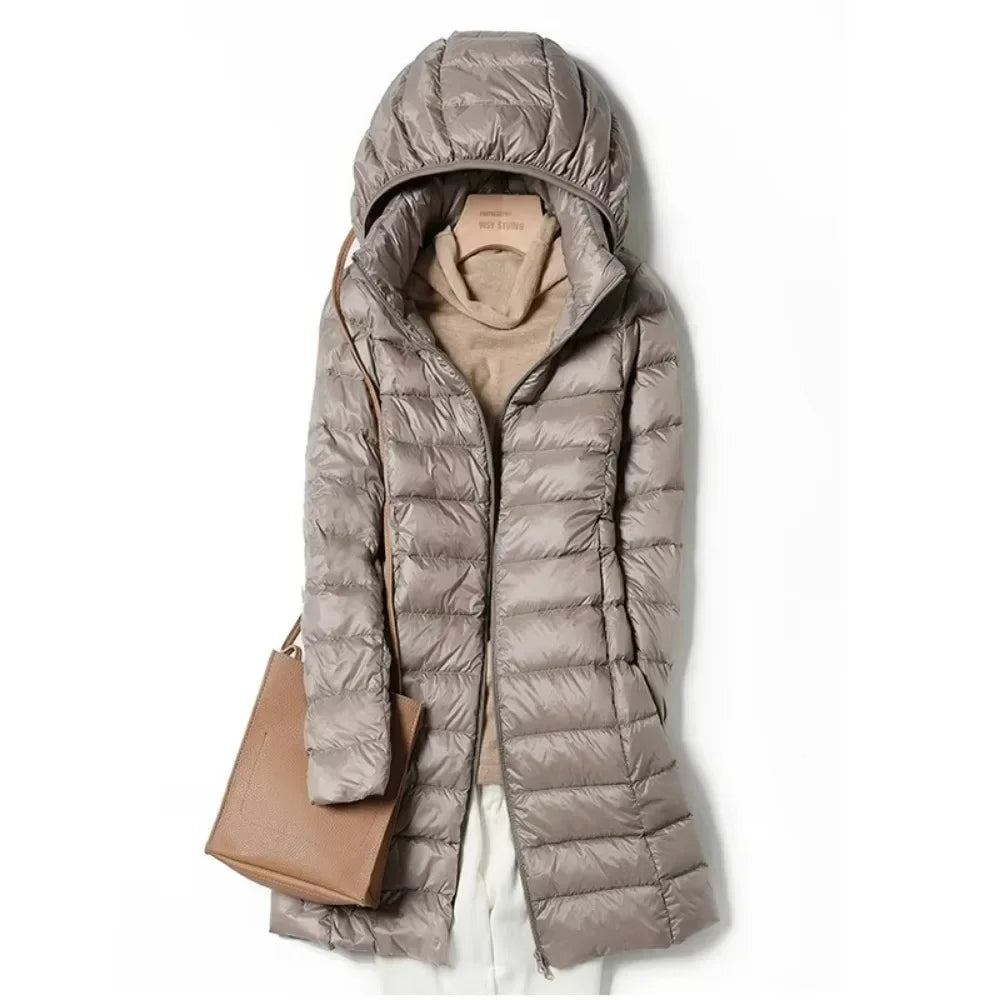 Fashionable Outerwear Winter Women Korean Fashion Slim Remove Hooded Parka Down Jackets Long Light Thin Coat Puffer Jacket
