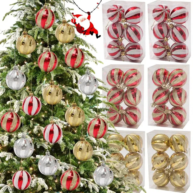 christmas ball ornaments set of six featuring 6cm red white and gold striped balls with glittery finishes ideal for christmas tree ornaments.