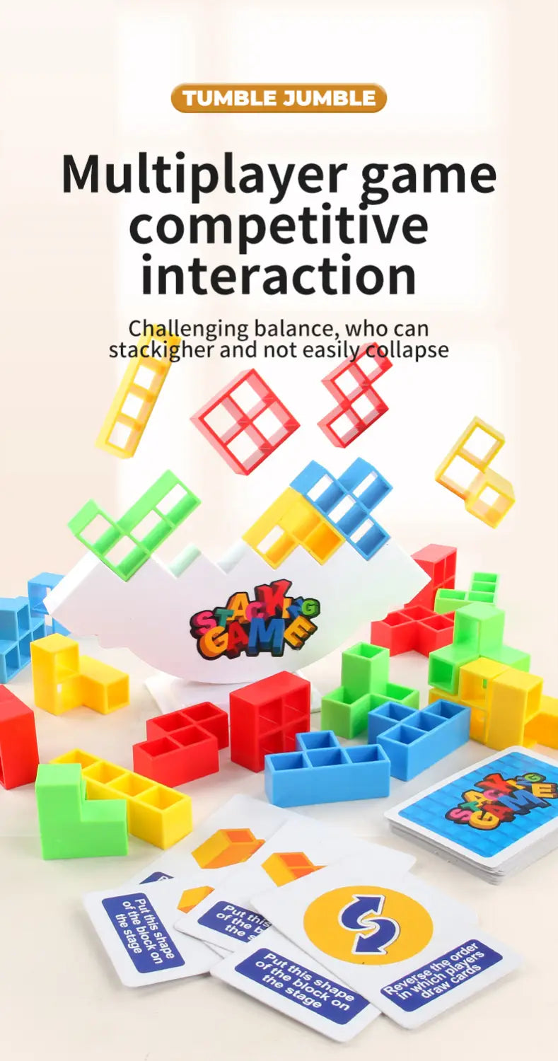 Colorful plastic building blocks in red blue green and yellow scattered around a white tumble jumble game base in the building block balance tetra tower game set.