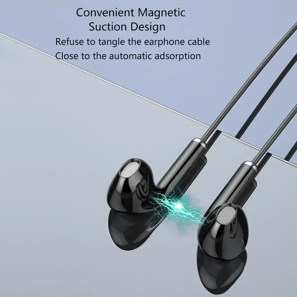 Black wireless neckband bluetooth earphones with led display featuring glossy in-ear earbuds and magnetic suction design to prevent cable tangling.