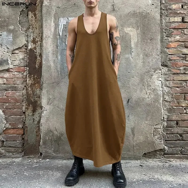 Men Long Style Tank Tops Solid Dresses O-neck Sleeveless Tops Men Clothes Loose Summer Fashion Men's Vests Streetwear INCERUN