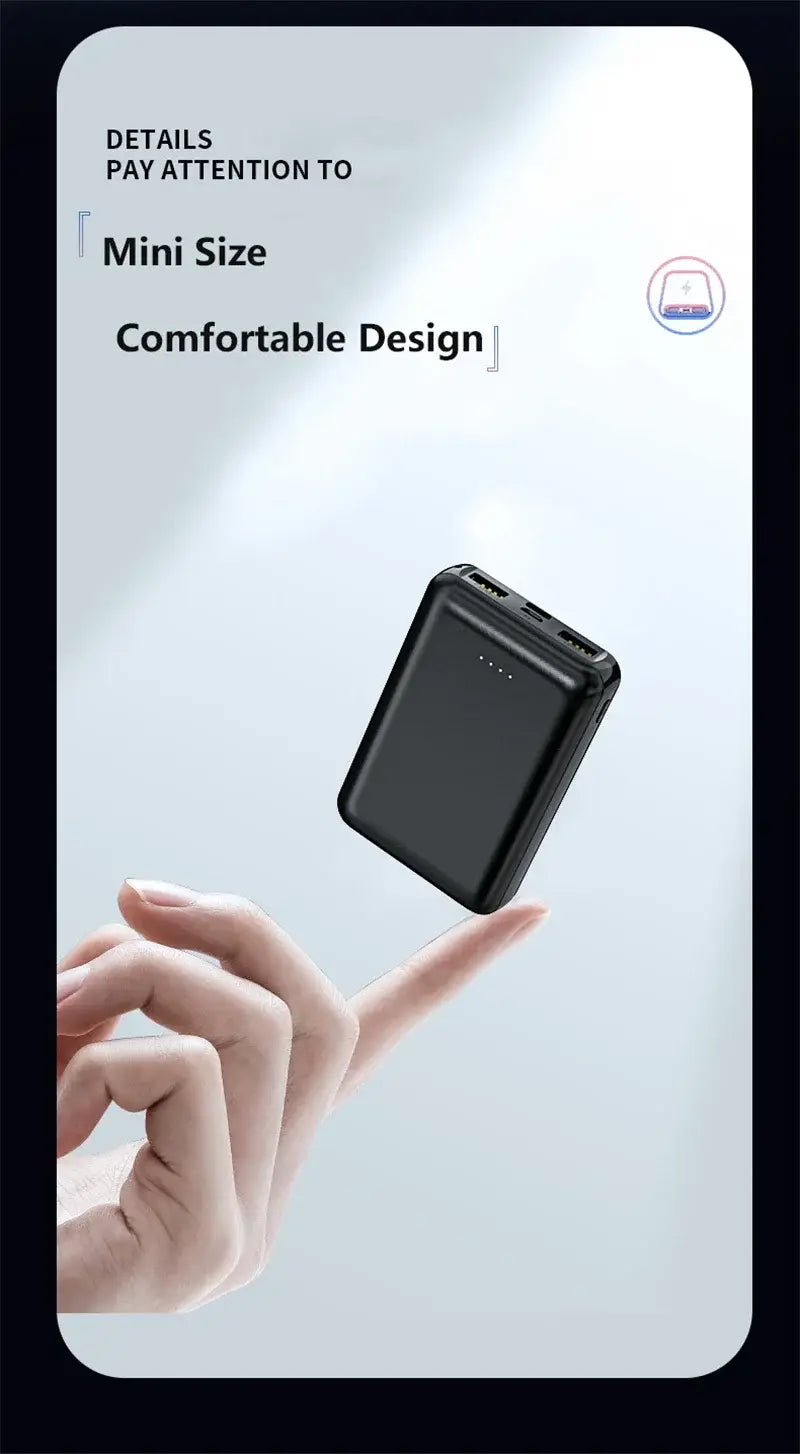 Black rectangular 20000mAh power bank with a sleek minimalist design and visible charging ports on the side for charging devices including heated vests and air conditioning clothing.