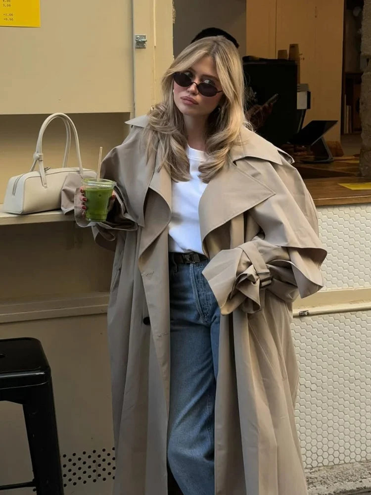 Women Casual Lace Up Long Trench Coat Chic Solid Color Full Sleeve Lapel Windbreaker 2025 New Fashion Loose Commute Jackets
