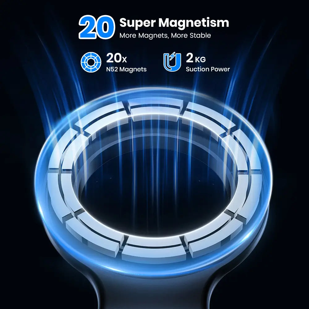 A sleek circular silver magsafe car phone holder air vent mount with glowing blue illumination around its edges viewed from the front.