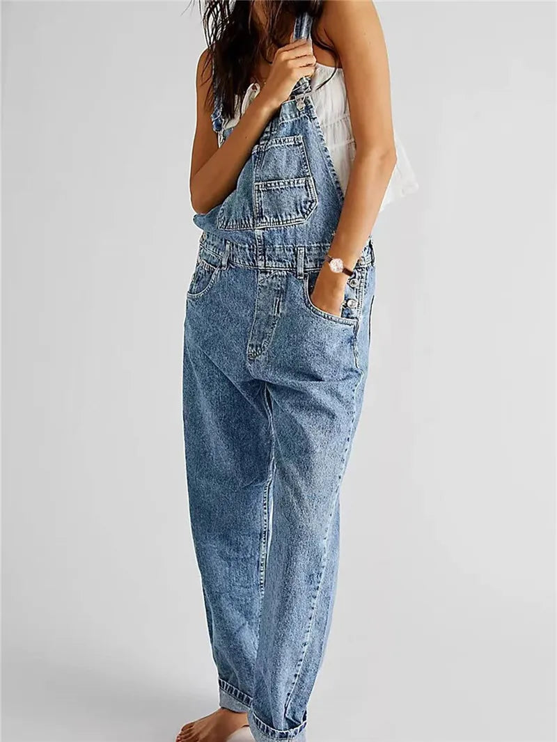 Women Denim Bib Overall Casual Adjustable Strap Denim Jumpsuit Loose Fit Straight Leg Overall Jean Pants Streetwear