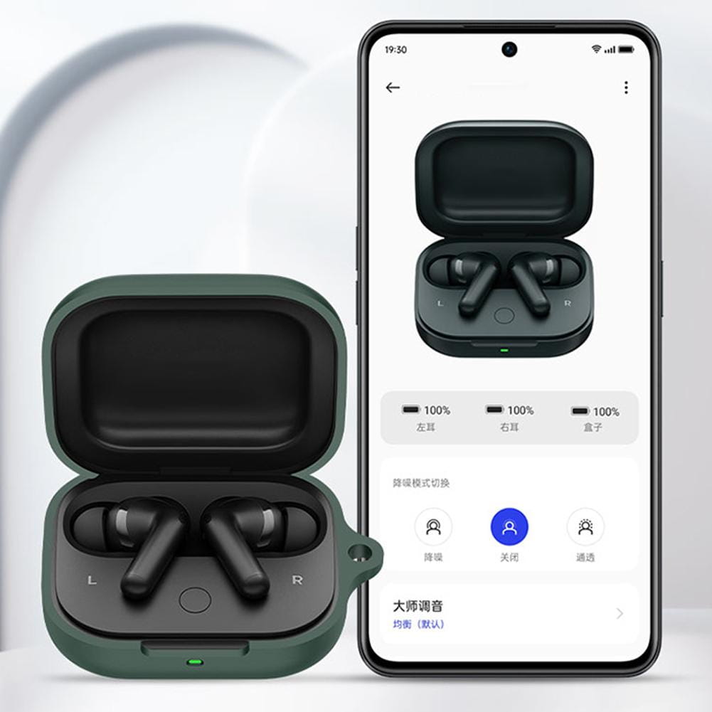 black wireless earbuds in a matte green silicone airpods pro case protective cover displayed alongside their smartphone app interface