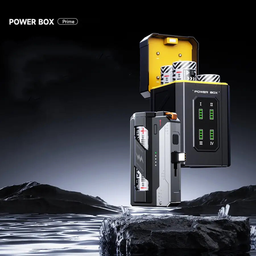 Schwarz-gelbe Power-Box-Prime-Taktik-5000-mAh-Taschenbatterie mit robustem, kantigem Design und beleuchteten Akkustandsanzeigen, ideal für zuverlässige Nutzung an Arbeitstagen, mit positiven Rückmeldungen zur Haltbarkeit.