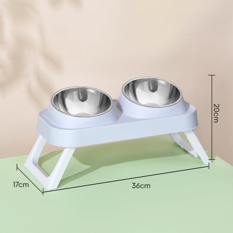 White plastic elevated pet feeder with two stainless steel tilt bowls for comfortable feeding.