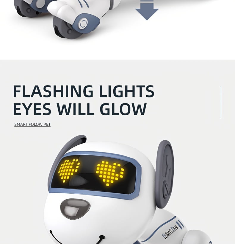 White remote control robotic dog toy with glowing yellow heart-shaped LED eyes, gray ear accents, and a rechargeable battery.