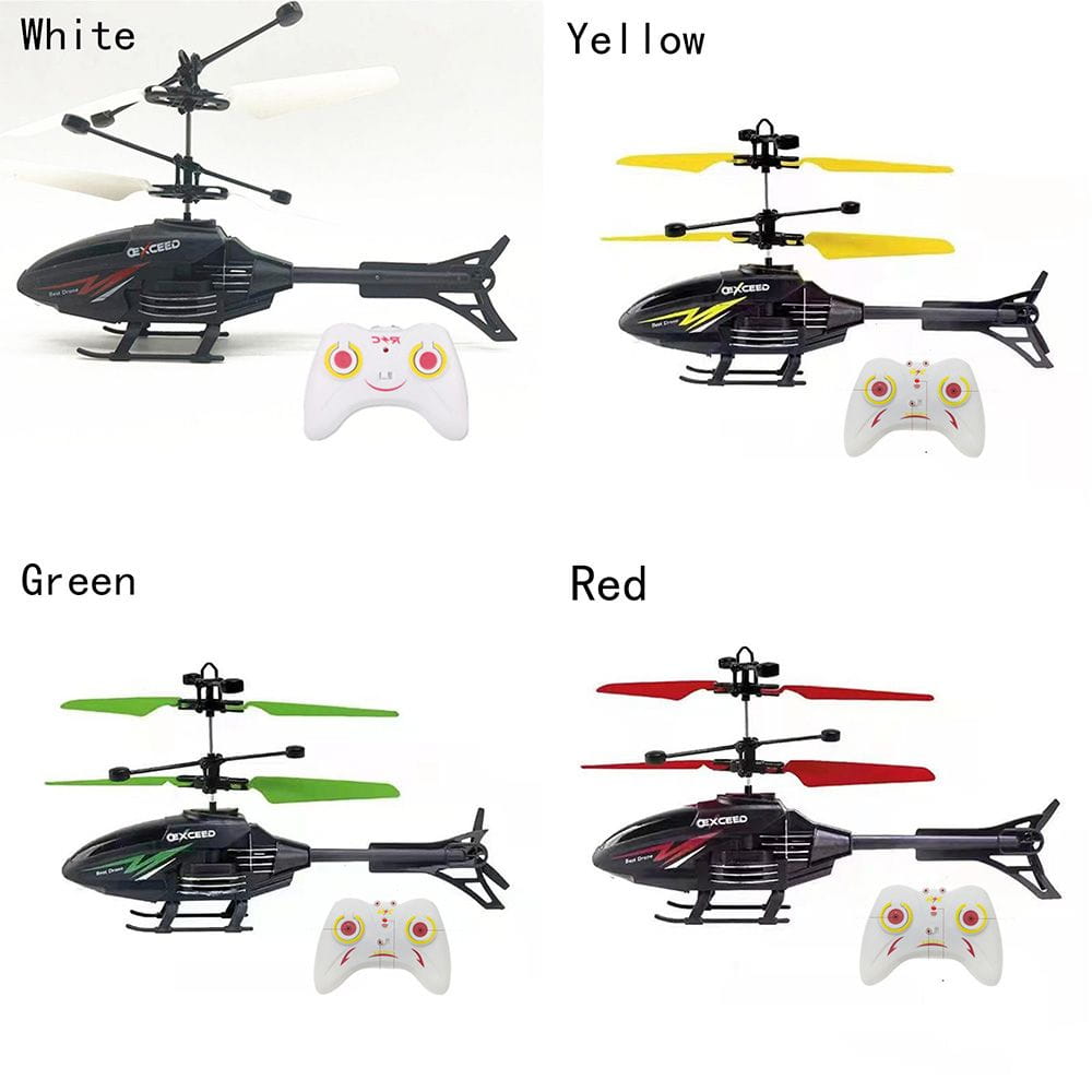 black remote-controlled flying helicopter toys with usb rechargeable batteries feature colored propellers in white yellow green and red variants paired with matching white controllers with pink circular buttons.