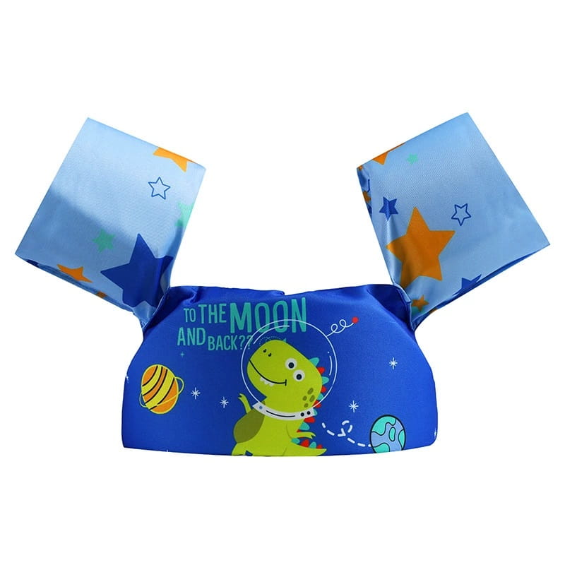 Blue inflatable foam kids swim armbands with cartoon dinosaur and space-themed design for buoyancy and safety in water activities.