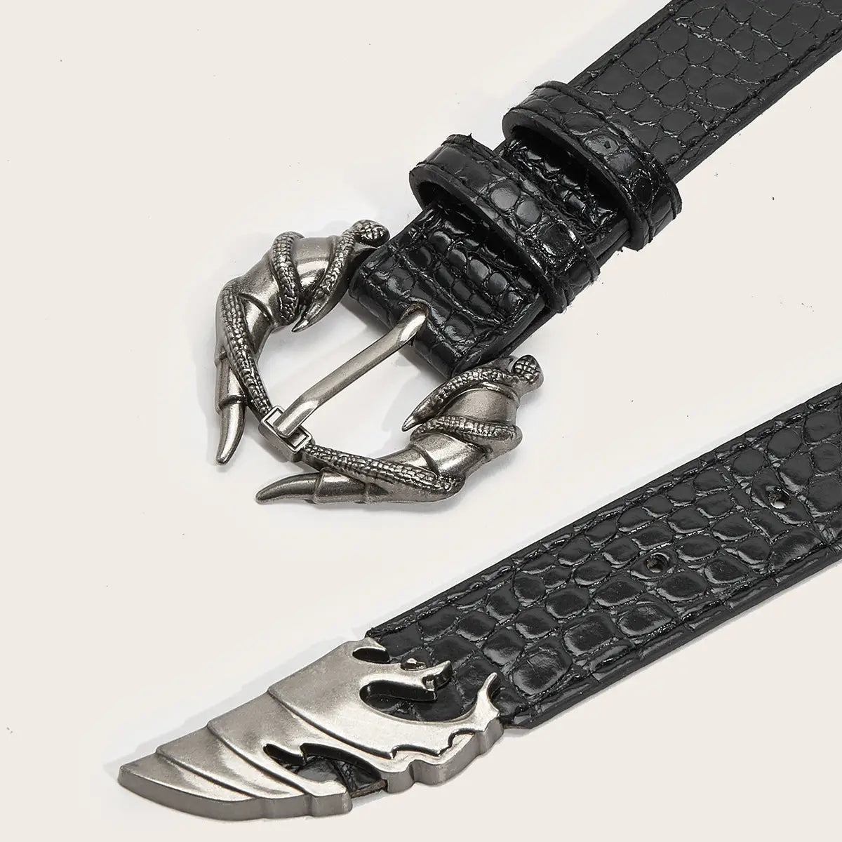 black crocodile-textured leather belt with a silver-toned dragon-claw buckle and matching dragon-head tip suitable for plus size y2k decoration and y2k decoration halloween styles.