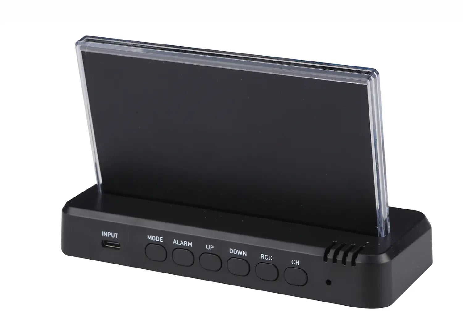 Black plastic wireless weather station with transparent protective cover over the screen and labeled control buttons for indoor and outdoor temperature monitoring using lr6 AAA batteries.