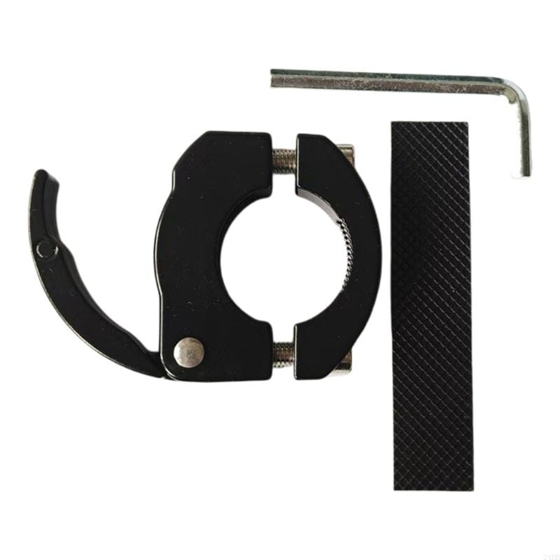 Black aluminum bike handlebar bag hook with a textured grip strip and an L-shaped hex wrench for scooters.