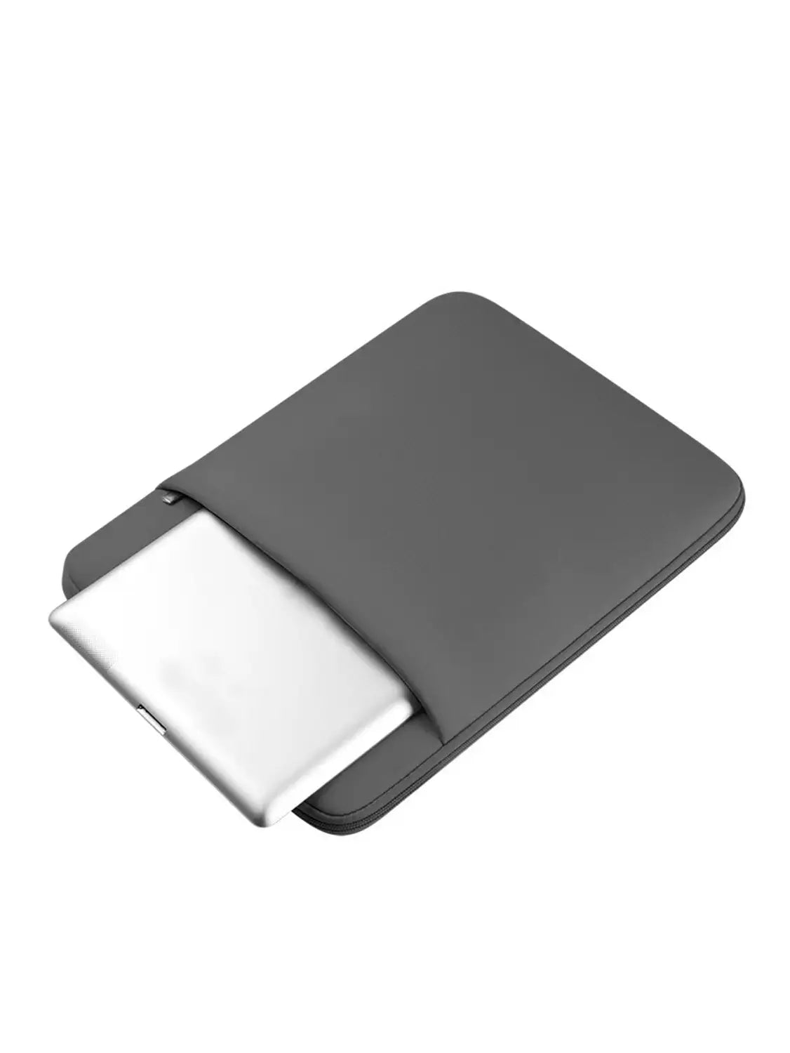 Dunkelgraue multifunktionale Neopren-Laptoptasche mit glatter, gepolsterter Außenseite und Reißverschlussverschluss für Laptops von 11 bis 17 Zoll.