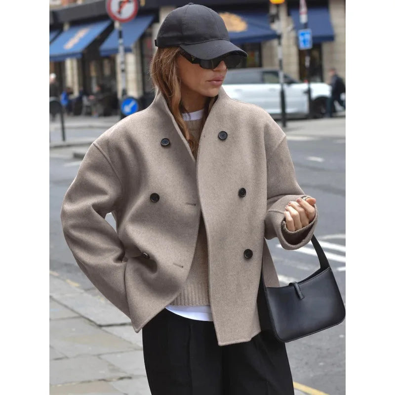 Wool Jacket Coat Women Vintage Woolen Jackets Double Breasted Warm Outerwear Office Lady High Street Overcoat Autumn Winter