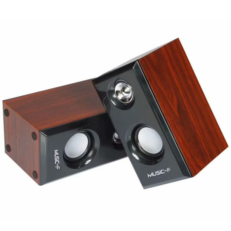 A pair of compact rectangular usb wooden computer speakers with a rich reddish-brown wood-grain finish and black front panels featuring silver and white circular drivers for surround sound stereo.