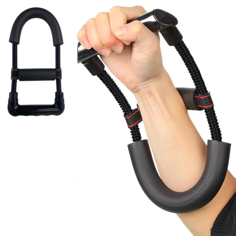 adjustable forearm strength trainer featuring a black elastic design with textured grip handles, red stitching accents, and electroplated carbon steel components for enhanced forearm strength and fitness training.