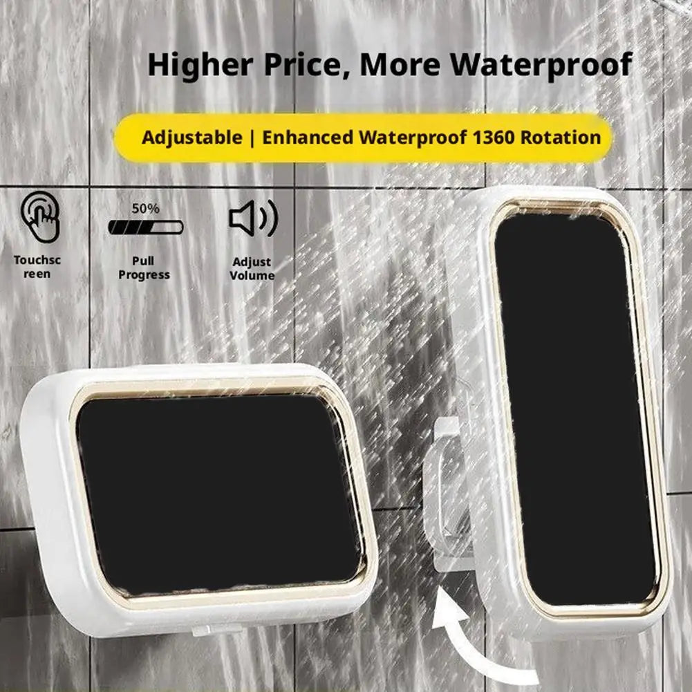 White waterproof case with gold-colored trim featuring a sleek rectangular design for 360 degree rotating shower phone holder use.