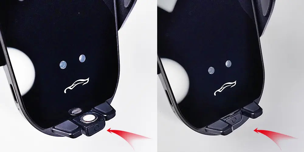 Support de téléphone Ford F150 en plastique noir avec montage de charge sans fil, design d’un visage souriant avec des yeux blancs et une moustache, pour la charge magnétique.