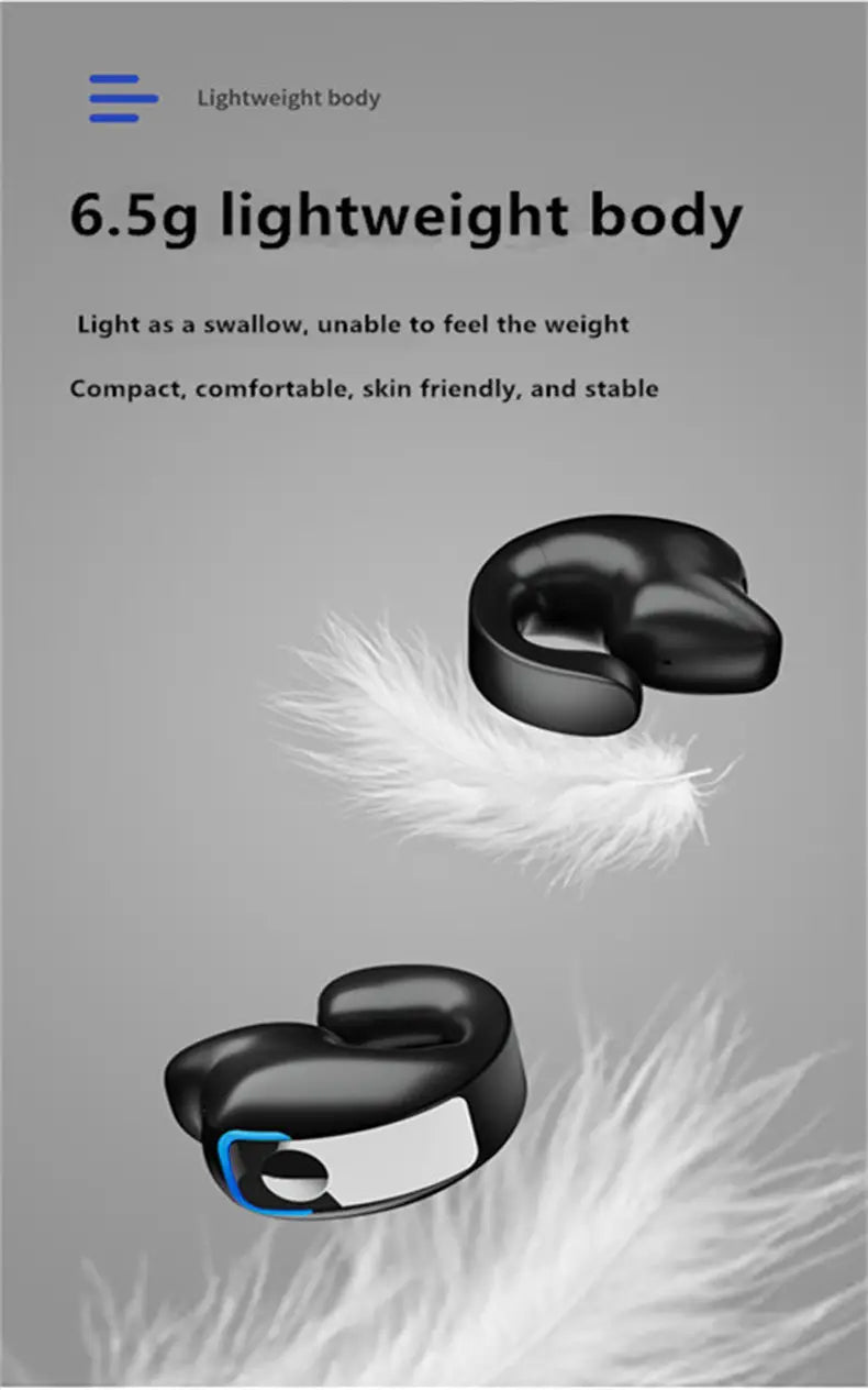 Clip de auriculares inalámbrico en negro ligero para auriculares de oído abierto, con diseño ergonómico elegante y acentos azules, que ofrece reducción de ruido y un rendimiento de audio de alta calidad.