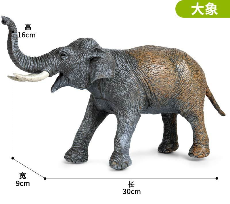 A detailed gray and brown plastic elephant figurine with textured skin white tusks and a raised trunk designed as soft animal figurine decompression toys finished goods.