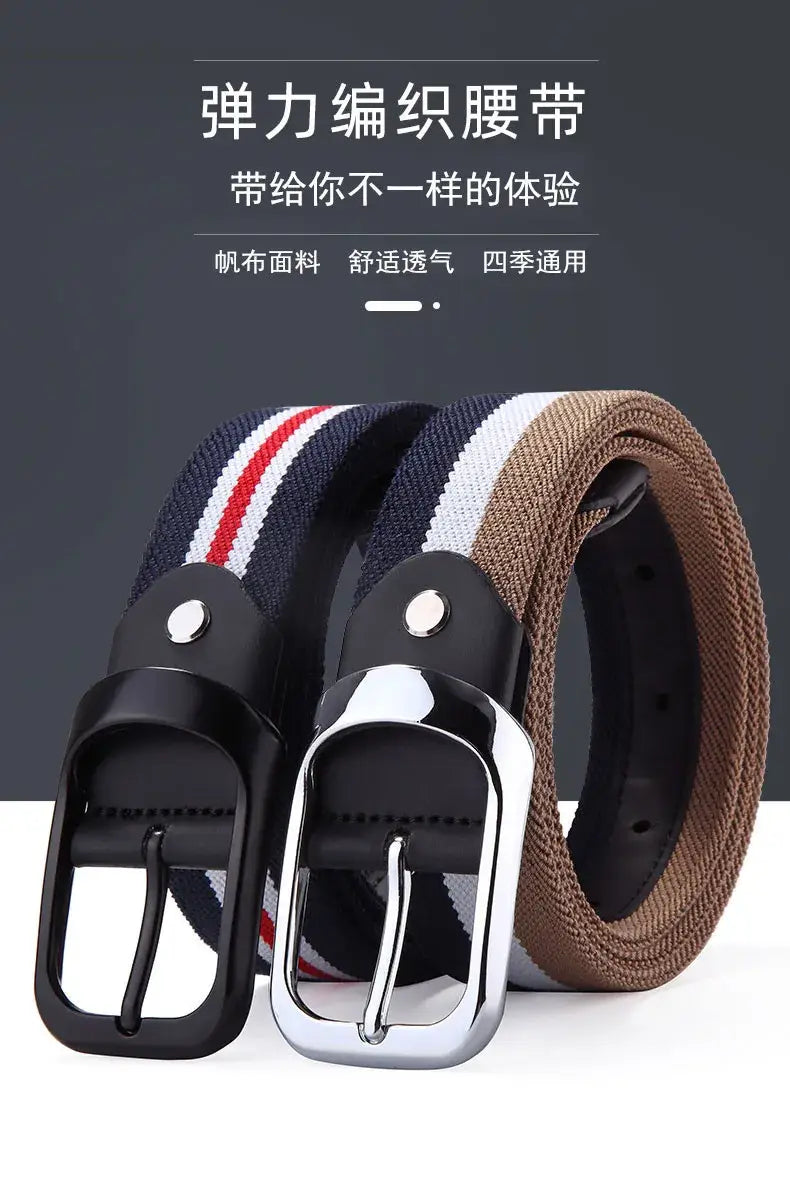 Two elastic woven canvas web stripe belts for men casual waistband in navy with red and white stripes and black buckle and solid tan with silver buckle.