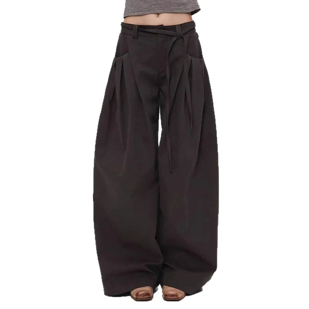 Women High Waist Wide Leg Pants 2025 Autumn Retro Cargo Wide Leg Pants Women's Curved Straight Floor Length Loose Casual Trouser
