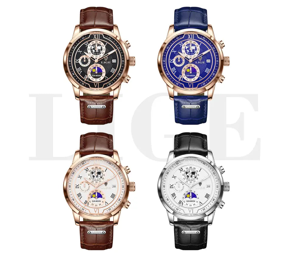 Vier Herren-Lige-Roségold- und Silber-Chronograph-Lederuhren mit braunen, blauen und schwarzen Armbändern, mit römischen Ziffern und Mondphasenanzeigen.