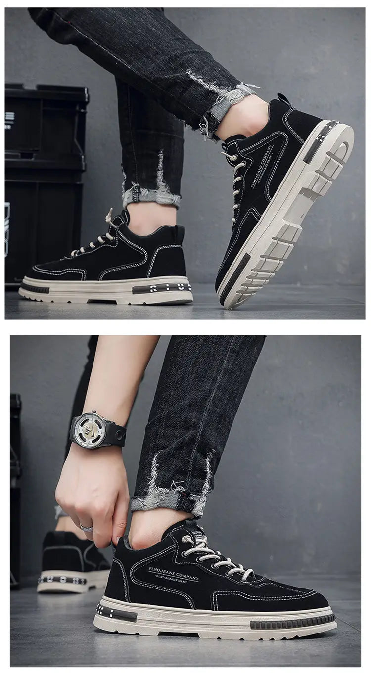 Zapatillas casual para hombre, calzado de plataforma transpirable, en diseño tipo botín alto negro con cordones blancos, detalles cosidos y suela de goma gruesa color blanco roto.