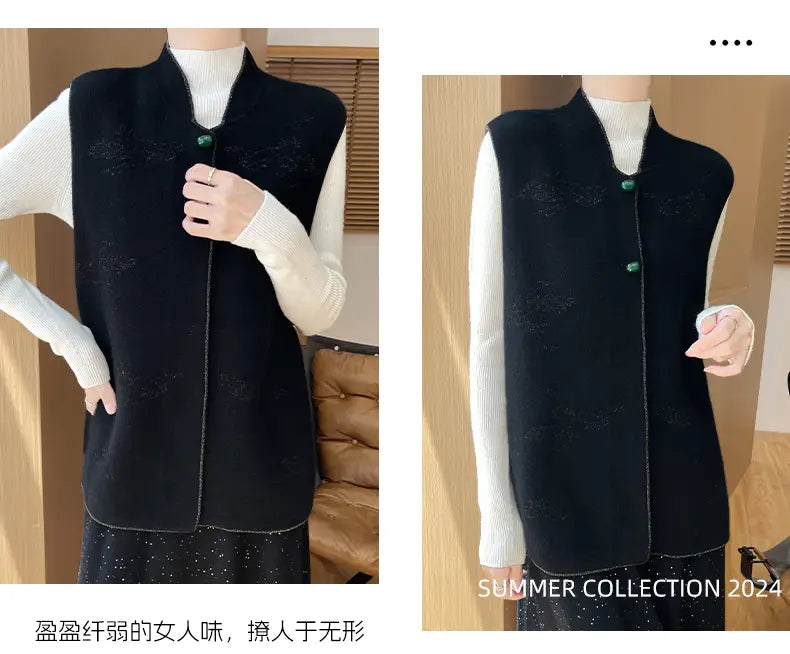 Black knitted sleeveless wool embroidered vest for women with subtle embroidered patterns and contrasting light-colored stitching along the edges.