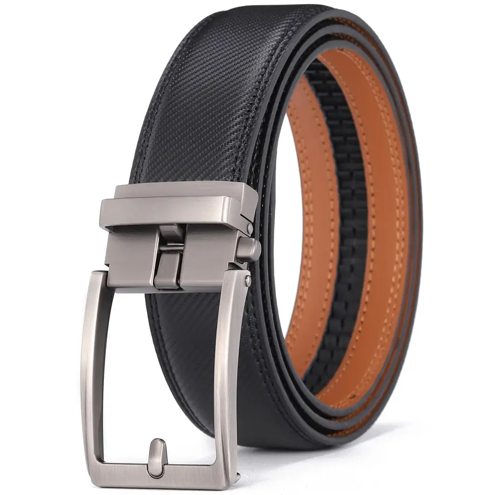 Black textured leather mens belt with a silver toned automatic buckle for easy adjustment and secure fit.