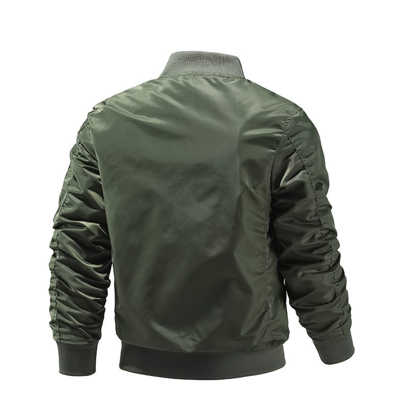 Veste bomber pour homme décontractée pour le printemps, fermeture éclair, en nylon vert olive avec poignets et col côtelés.