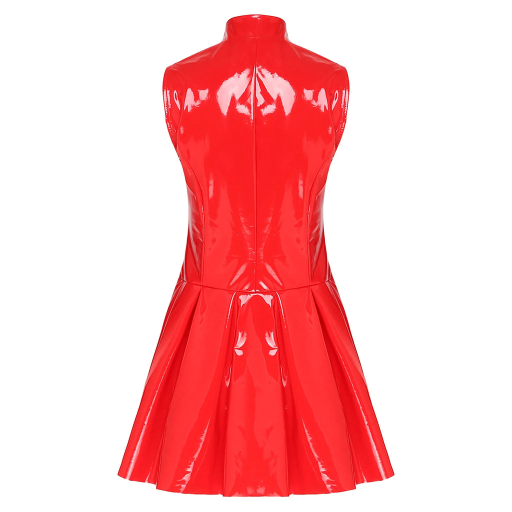 Womens Wet Look PU Leather Latex Dress Open Front Pressing Buttons Overlay Rivets A-line Flare Pleated Hem Glossy Vinyl Dress