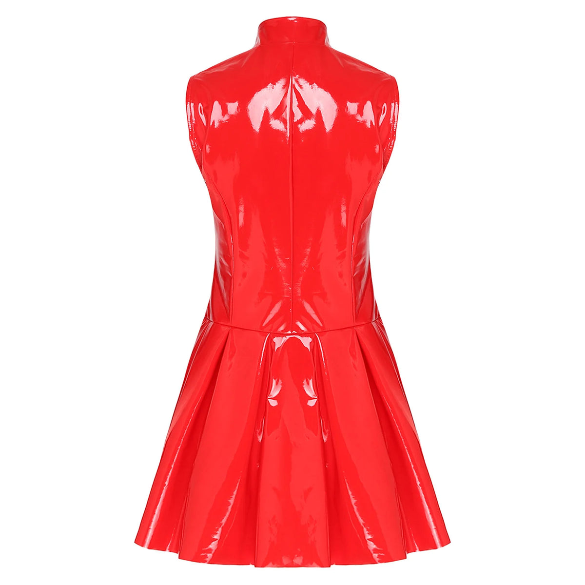 Womens Wet Look PU Leather Latex Dress Open Front Pressing Buttons Overlay Rivets A-line Flare Pleated Hem Glossy Vinyl Dress