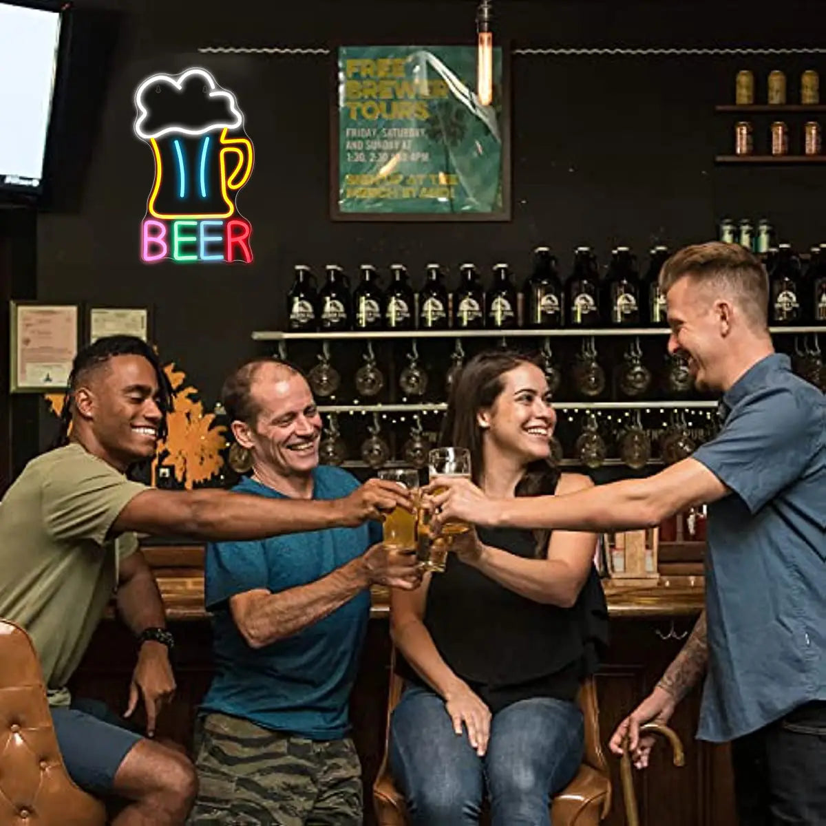 Signe mural en néon mené par bière, avec une enseigne lumineuse au néon jaune et rose en forme de chope de bière, conçu pour la décoration de bar et de cave à hommes.