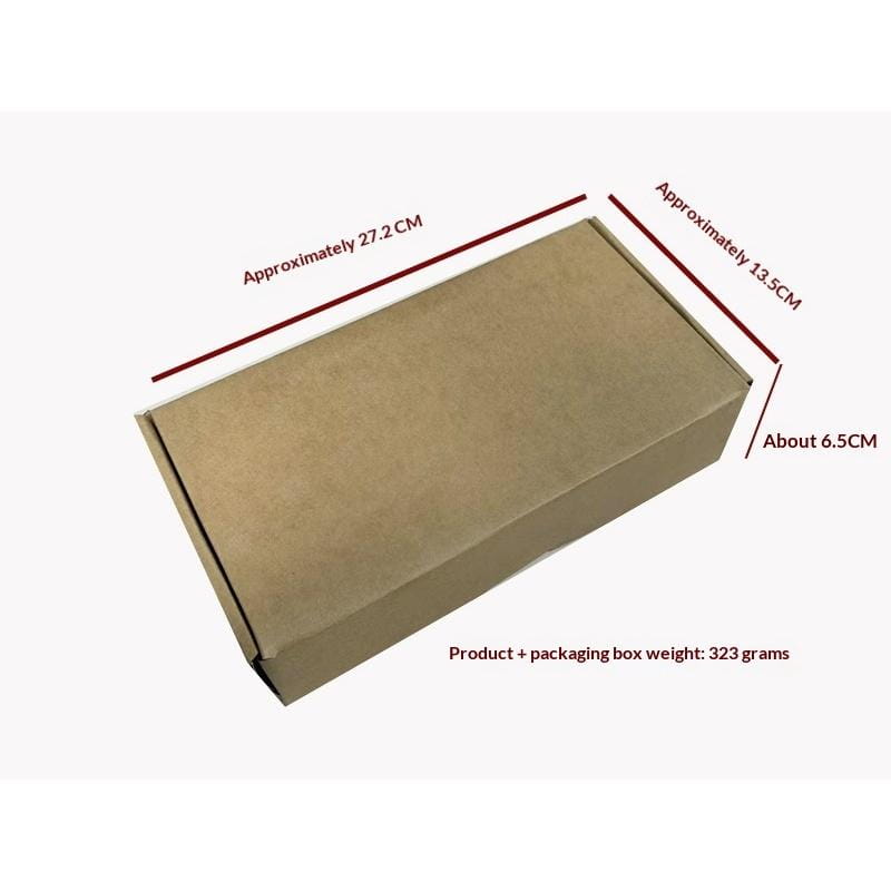 Una caja de cartón marrón sencilla de aproximadamente 27,2 cm por 13,5 cm por 6,5 cm y un peso de 323 gramos que contiene la bandeja organizadora para consola central Icar V23.