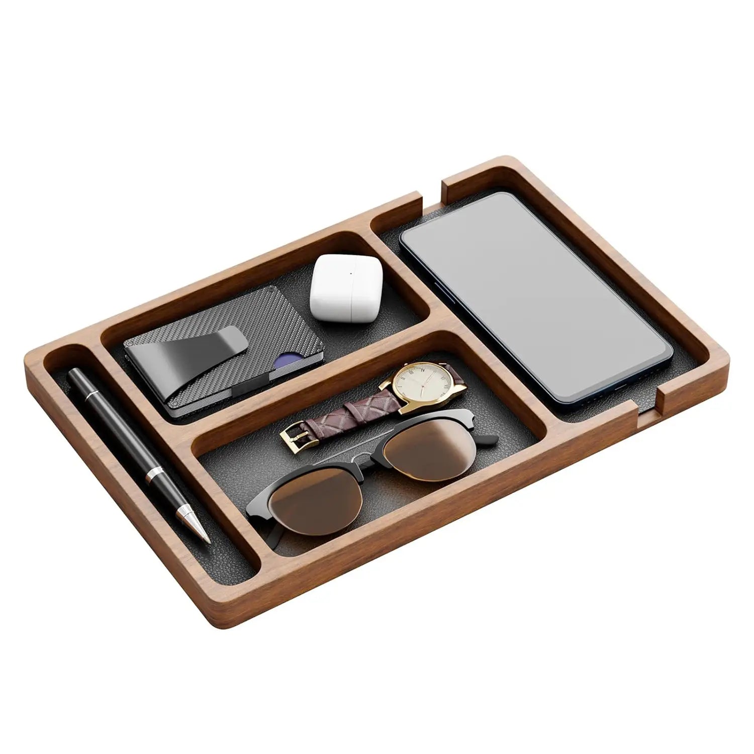 Brown wooden desktop charging organizer tray with segmented compartments holding various personal items.