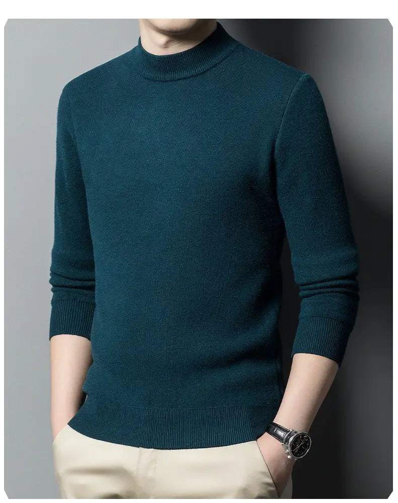 Dunkelgrüner (Petrol-) Langarm-Pullover mit Rollkragen mit gerippter Strickstruktur für Herren, Casual-Winterpullover.